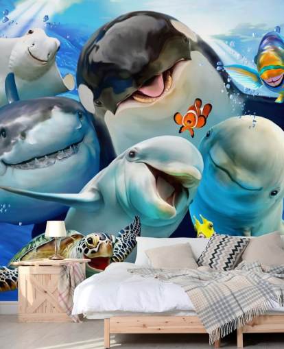 bright kids sea life wallpaper mural called Ocean Selfie by Howard Robinson for kids bedrooms, playrooms and nurseries