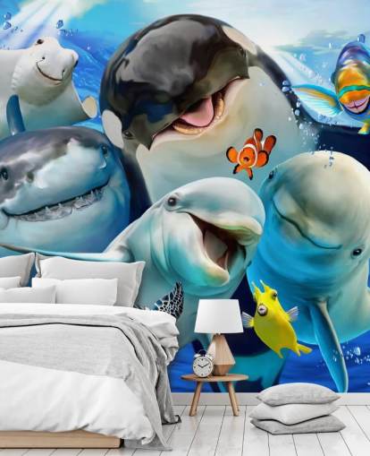 bright kids sea life wallpaper mural called Ocean Selfie by Howard Robinson for kids bedrooms, playrooms and nurseries
