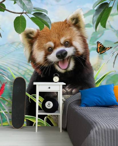 Punainen Panda perhosten selfie-taustakuvalla Punainen Panda perhosten selfie-taustakuvalla