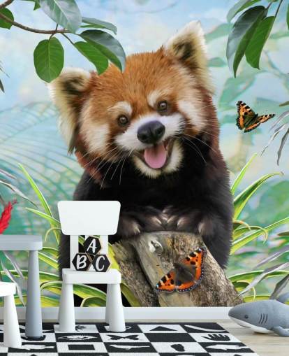 Papel pintado Selfie de panda rojo con mariposas