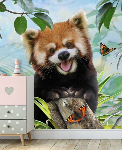 Carta da parati selfie con panda rosso con farfalle