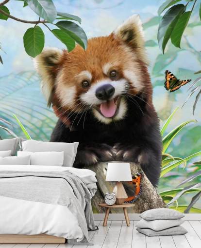 Papel pintado Selfie de panda rojo con mariposas