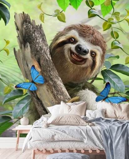 smiling sloth in rainforest wallpaper