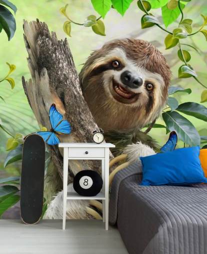smiling sloth in rainforest wallpaper