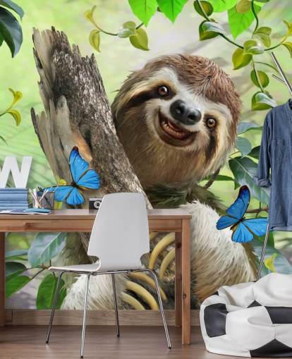 smiling sloth in rainforest wallpaper