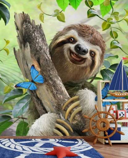 smiling sloth in rainforest wallpaper