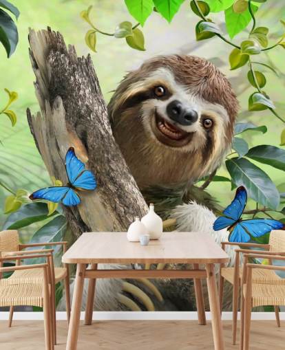 smiling sloth in rainforest wallpaper