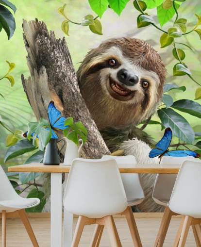 smiling sloth in rainforest wallpaper