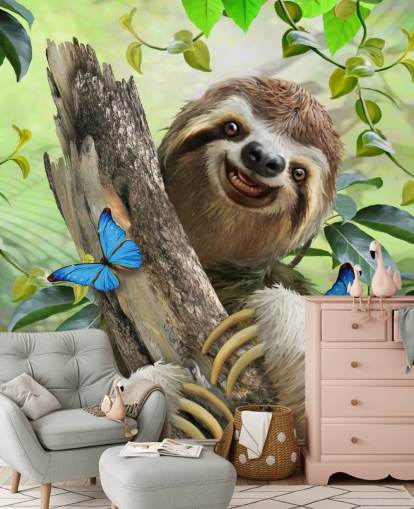 smiling sloth in rainforest wallpaper