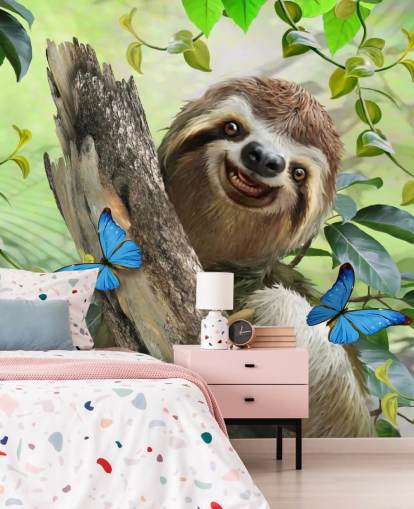 smiling sloth in rainforest wallpaper