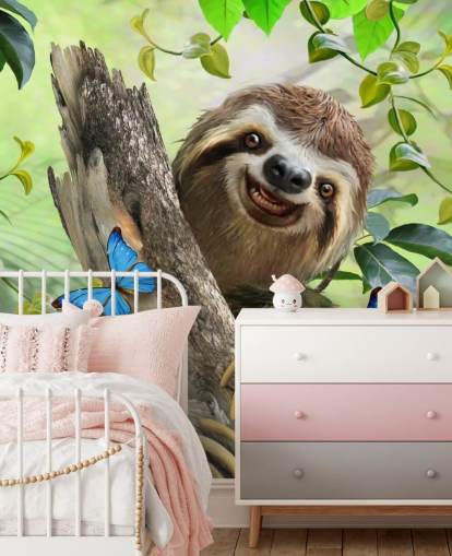 paresseux souriant dans le papier peint forêt tropicale