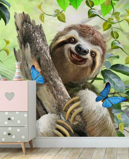 smiling sloth in rainforest wallpaper