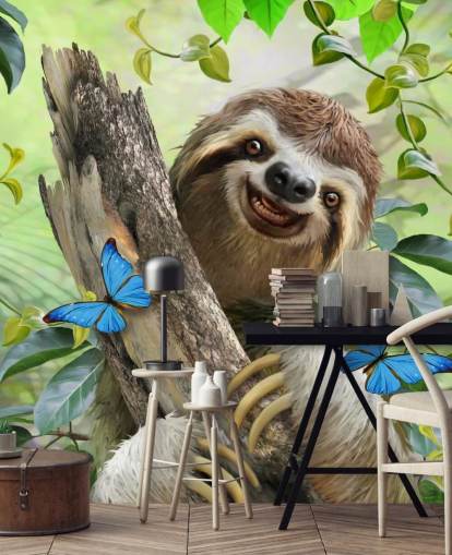 smiling sloth in rainforest wallpaper