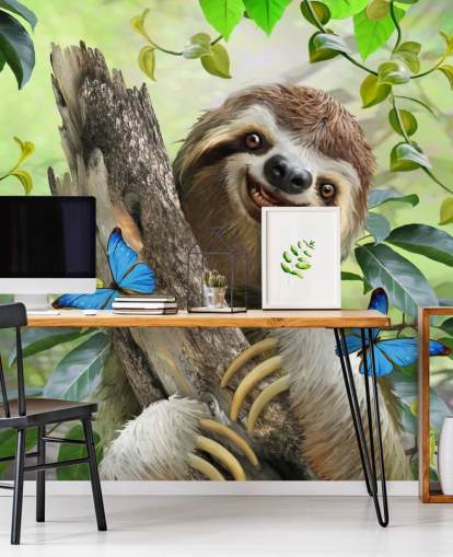 smiling sloth in rainforest wallpaper