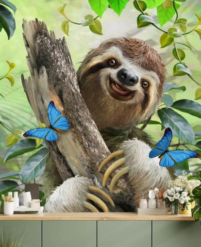 paresseux souriant dans le papier peint forêt tropicale paresseux souriant dans le papier peint forêt tropicale