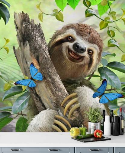 smiling sloth in rainforest wallpaper