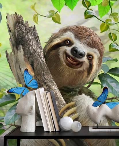 smiling sloth in rainforest wallpaper