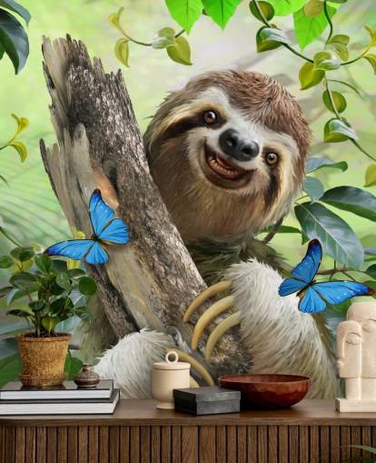 smiling sloth in rainforest wallpaper