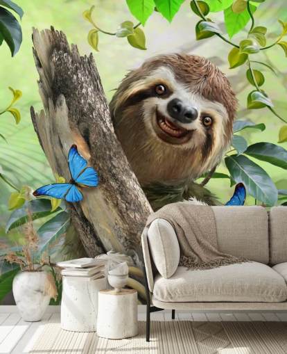 smiling sloth in rainforest wallpaper