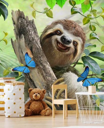 paresseux souriant dans le papier peint forêt tropicale