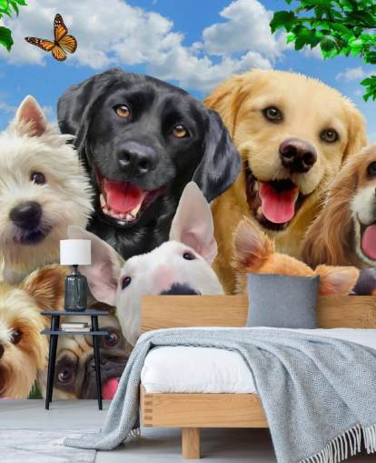 op maat gemaakte hondenbehangmuurschildering genaamd Dogs Selfie van Howard Robinson voor een kinderkamer, kinderkamer of speelkamer