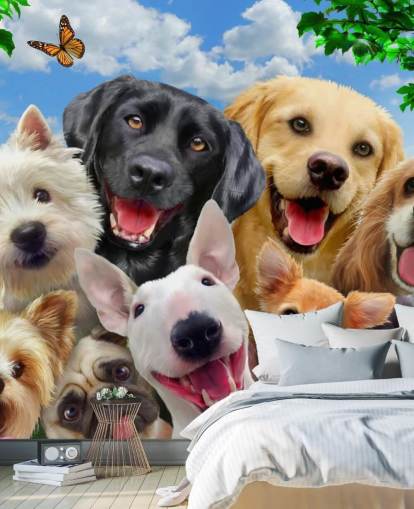 carta da parati murale personalizzata per cani chiamata Dogs Selfie di Howard Robinson per la camera dei bambini, la cameretta dei bambini o la sala giochi
