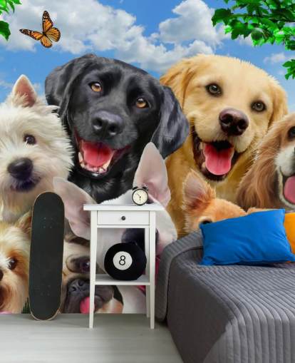 anpassad hundtapet väggmålning kallad Dogs Selfie av Howard Robinson för ett barns sovrum, plantskola eller lekrum anpassad hundtapet väggmålning kallad Dogs Selfie av Howard Robinson för ett barns sovrum, plantskola eller lekrum