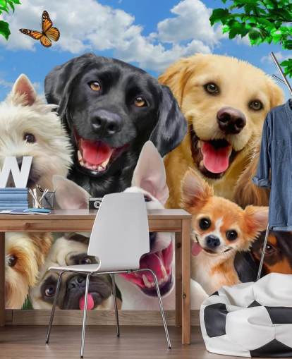 op maat gemaakte hondenbehangmuurschildering genaamd Dogs Selfie van Howard Robinson voor een kinderkamer, kinderkamer of speelkamer op maat gemaakte hondenbehangmuurschildering genaamd Dogs Selfie van Howard Robinson voor een kinderkamer, kinderkamer of speelkamer