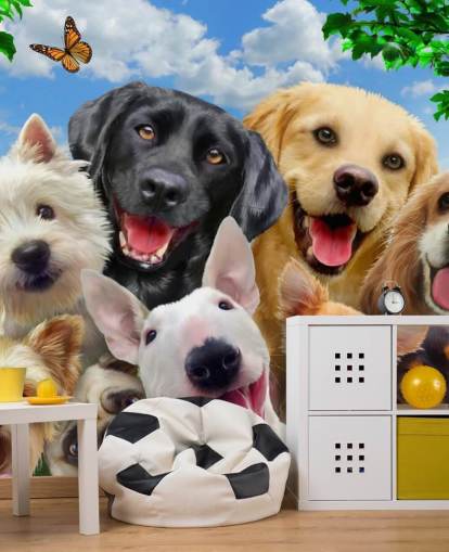 carta da parati murale personalizzata per cani chiamata Dogs Selfie di Howard Robinson per la camera dei bambini, la cameretta dei bambini o la sala giochi