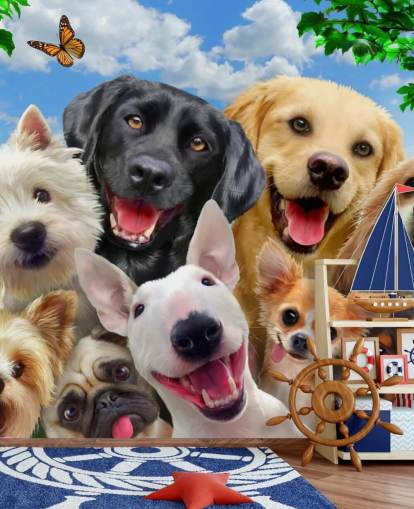 Howard Robinsonin mukautettu koirien taustakuvamaalaus nimeltä Dogs Selfie lasten makuuhuoneeseen, lastentarhaan tai leikkihuoneeseen