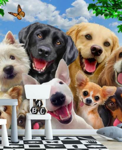 Howard Robinsonin mukautettu koirien taustakuvamaalaus nimeltä Dogs Selfie lasten makuuhuoneeseen, lastentarhaan tai leikkihuoneeseen