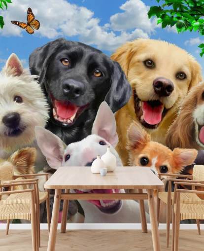 carta da parati murale personalizzata per cani chiamata Dogs Selfie di Howard Robinson per la camera dei bambini, la cameretta dei bambini o la sala giochi