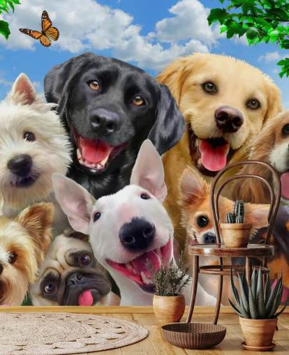 mural de papel de parede personalizado para cães chamado Dogs Selfie de Howard Robinson para um quarto infantil, berçário ou sala de jogos