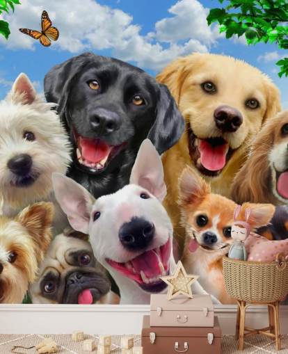 papier peint mural personnalisé pour chiens appelé Dogs Selfie par Howard Robinson pour une chambre d'enfant, une crèche ou une salle de jeux