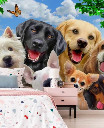 Howard Robinsonin mukautettu koirien taustakuvamaalaus nimeltä Dogs Selfie lasten makuuhuoneeseen, lastentarhaan tai leikkihuoneeseen
