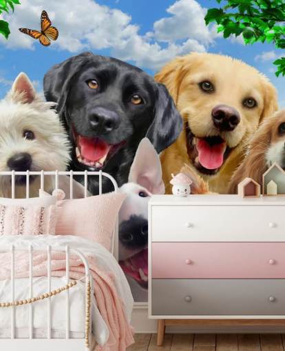 individuelle Hundetapete namens Dogs Selfie von Howard Robinson für ein Kinderzimmer, Kinderzimmer oder Spielzimmer