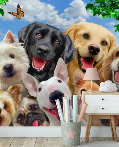 papier peint mural personnalisé pour chiens appelé Dogs Selfie par Howard Robinson pour une chambre d'enfant, une crèche ou une salle de jeux