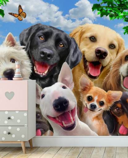 papier peint mural personnalisé pour chiens appelé Dogs Selfie par Howard Robinson pour une chambre d'enfant, une crèche ou une salle de jeux