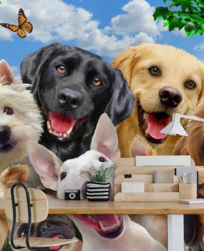 mural de papel pintado personalizado para perros llamado Dogs Selfie de Howard Robinson para el dormitorio de un niño, guardería o sala de juegos