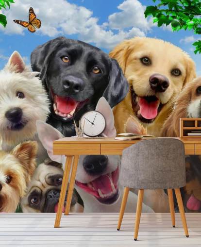 carta da parati murale personalizzata per cani chiamata Dogs Selfie di Howard Robinson per la camera dei bambini, la cameretta dei bambini o la sala giochi