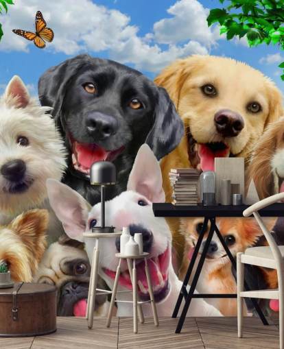 Howard Robinsonin mukautettu koirien taustakuvamaalaus nimeltä Dogs Selfie lasten makuuhuoneeseen, lastentarhaan tai leikkihuoneeseen