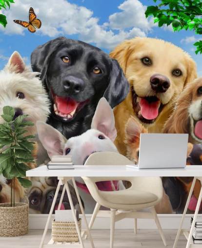 mural de papel pintado personalizado para perros llamado Dogs Selfie de Howard Robinson para el dormitorio de un niño, guardería o sala de juegos