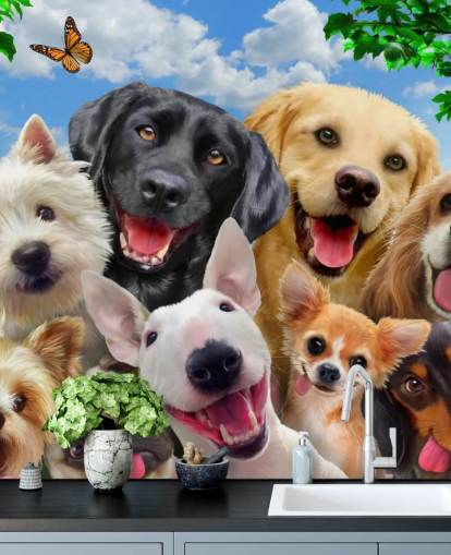 op maat gemaakte hondenbehangmuurschildering genaamd Dogs Selfie van Howard Robinson voor een kinderkamer, kinderkamer of speelkamer