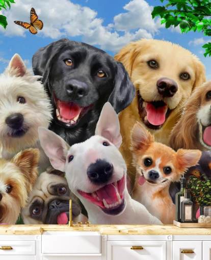 Howard Robinsonin mukautettu koirien taustakuvamaalaus nimeltä Dogs Selfie lasten makuuhuoneeseen, lastentarhaan tai leikkihuoneeseen