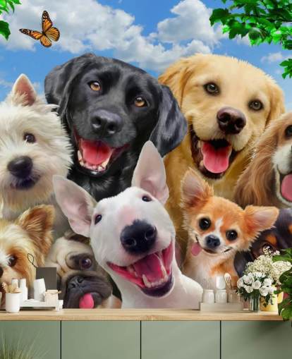 op maat gemaakte hondenbehangmuurschildering genaamd Dogs Selfie van Howard Robinson voor een kinderkamer, kinderkamer of speelkamer op maat gemaakte hondenbehangmuurschildering genaamd Dogs Selfie van Howard Robinson voor een kinderkamer, kinderkamer of speelkamer