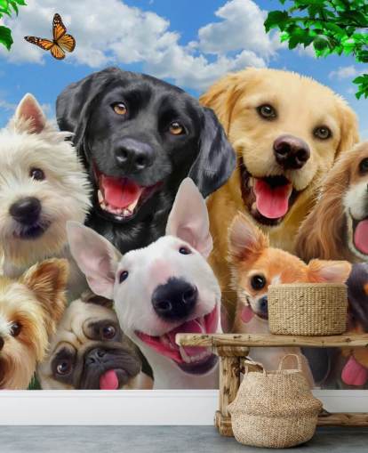 custom dogs wallpaper mural called Dogs Selfie by Howard Robinson for a kid's bedroom, nursery or playroom