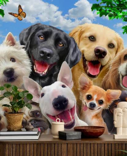 op maat gemaakte hondenbehangmuurschildering genaamd Dogs Selfie van Howard Robinson voor een kinderkamer, kinderkamer of speelkamer