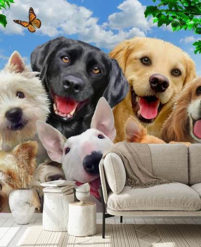 mural de papel de parede personalizado para cães chamado Dogs Selfie de Howard Robinson para um quarto infantil, berçário ou sala de jogos