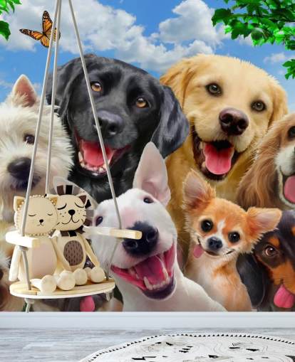 carta da parati murale personalizzata per cani chiamata Dogs Selfie di Howard Robinson per la camera dei bambini, la cameretta dei bambini o la sala giochi