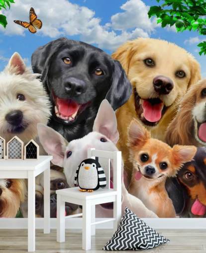 brugerdefineret tapetmaleri til hunde kaldet Dogs Selfie af Howard Robinson til et børns soveværelse, børnehave eller legerum